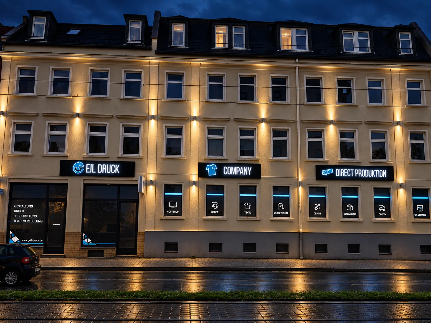 Geil-Druck-Fassade in Leipzig bei Abenddämmerung mit beleuchteten Firmenschildern