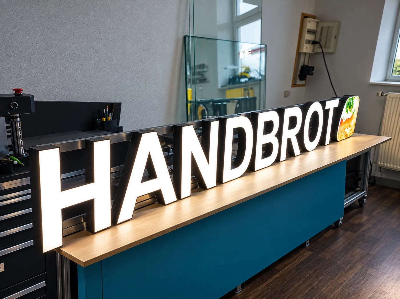 Beleuchtete HANDBROT-Einzelbuchstaben in der Produktion